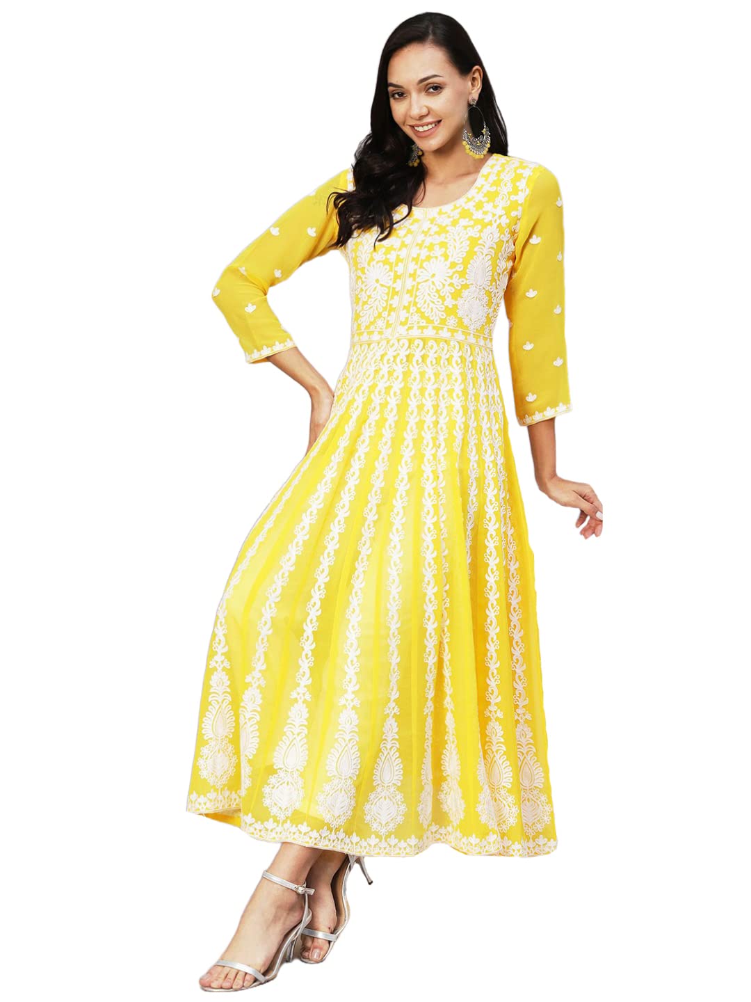 Gosriki Women'S Georgette Chikankari Embroidered Anarkali Kurti (Kari Yellow-Gs_M_Yellow_Medium),Yellow,,B0C5RWP2DC