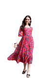 SMOWKLY Women's Georgette Floral Printed Indo-Western Ethnic Gown || Half Sleeve V Neck Fit & Flare Flared Hem Design || Casual 