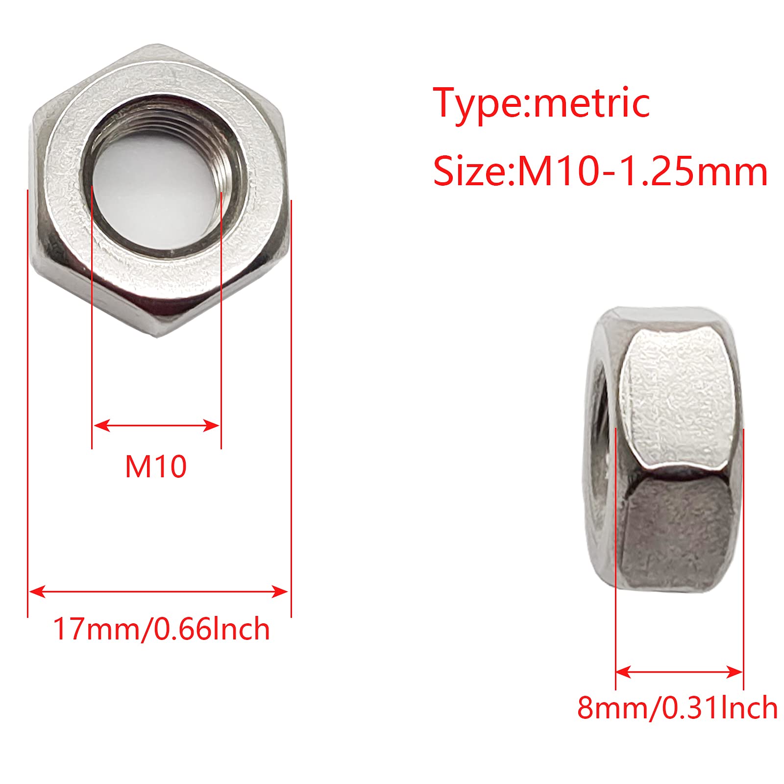 10pcs M10 x 1.25mm Pitch Hex Nuts Stainless Hex Nu, Metric Fine Thread Hex Nuts