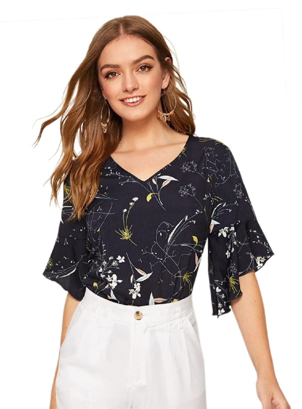 Toplot Printed Bell Sleeve Wrap & Swing V Neck Top For Women(T-V-Neck-Top-5009-Black-S),Black,,B0B39F5MK7