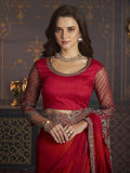 Satrani Womens Pure Chiffon Saree (3568S121N_Red & Dark Pink1)