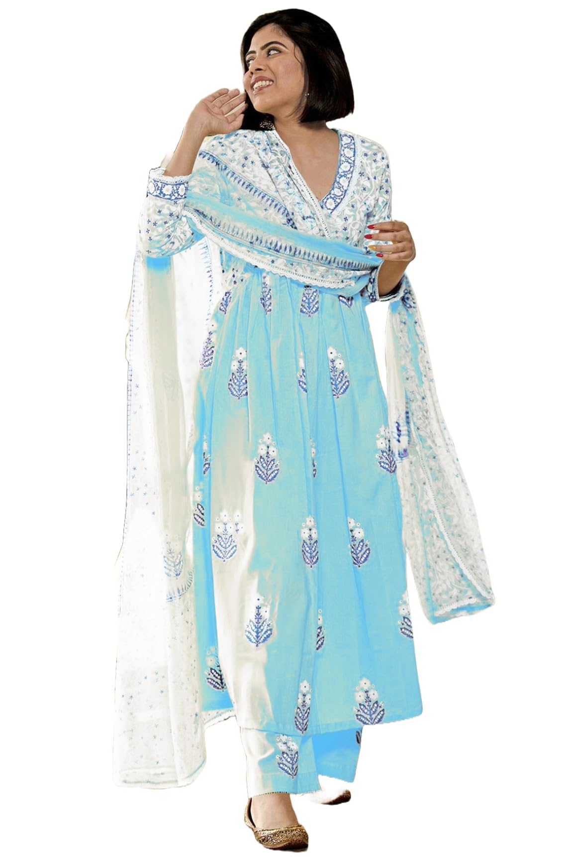 Gosriki Women'S Rayon Blend Anarkali Printed Kurta With Pant & Dupatta (Renu Sky Blue-Vks01-Gs_S_Sky Blue_Small),Sky Blue,,B0DC6KP9QP