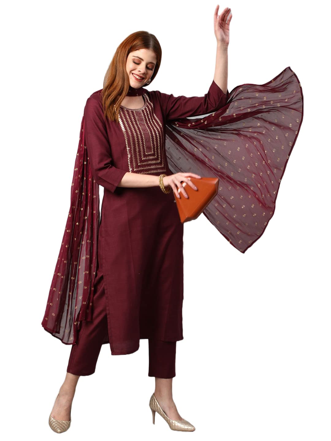 Anni Designer Women'S Cotton Blend Solid Straight Kurta With Pants & Dupatta (Indira-Brown_S_Brown_Small),Brown,S