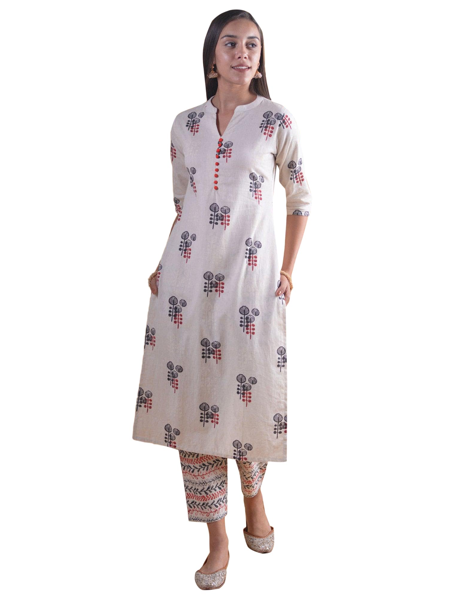 Libas Women'S Silk Blend Printed Regular Fit Kurta Set (6313_Off White