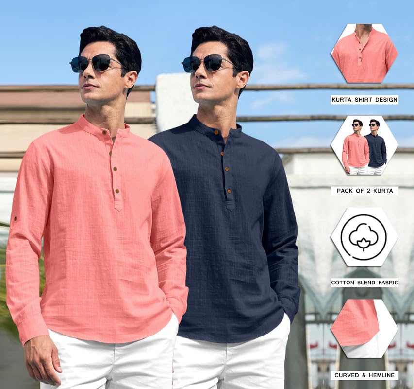 Royalscout Combo Of Men'S Solid Cotton Blend Full Sleeve Straight Kurta Shirt (Pack Of 2) Peach-Navy Peach-Navy L
