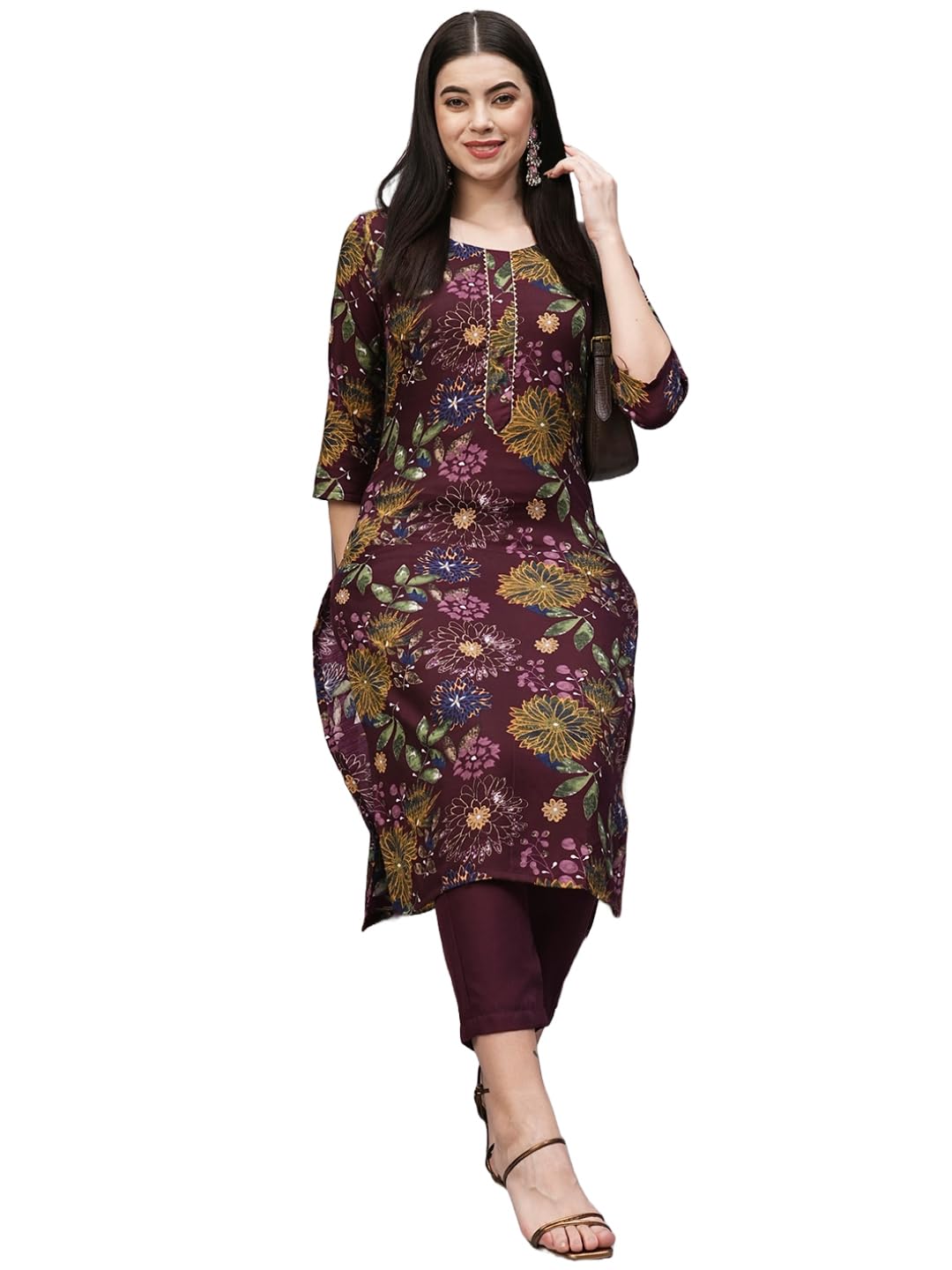 Anni Designer Women'S Cotton Blend Straight Printed Kurta With Pant (Paajas Wine_S_Wine_Small),Wine,S