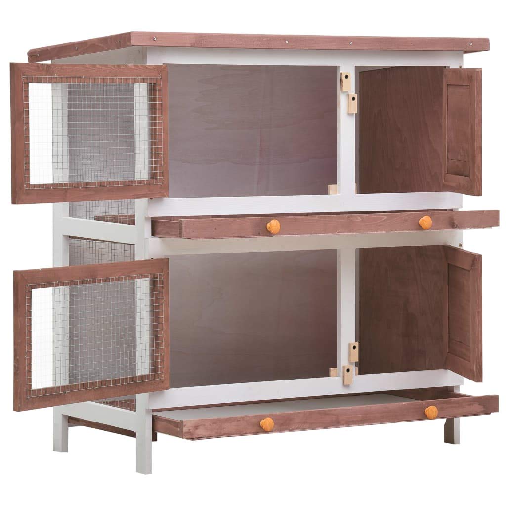 'Vidaxl 2-Layer Outdoor Rabbit Hutch With Waterproof Green Roof, Iron Wire Mesh, Pull-Out Trays, And 4 Doors - Brown And White Wooden Pet Enclosure