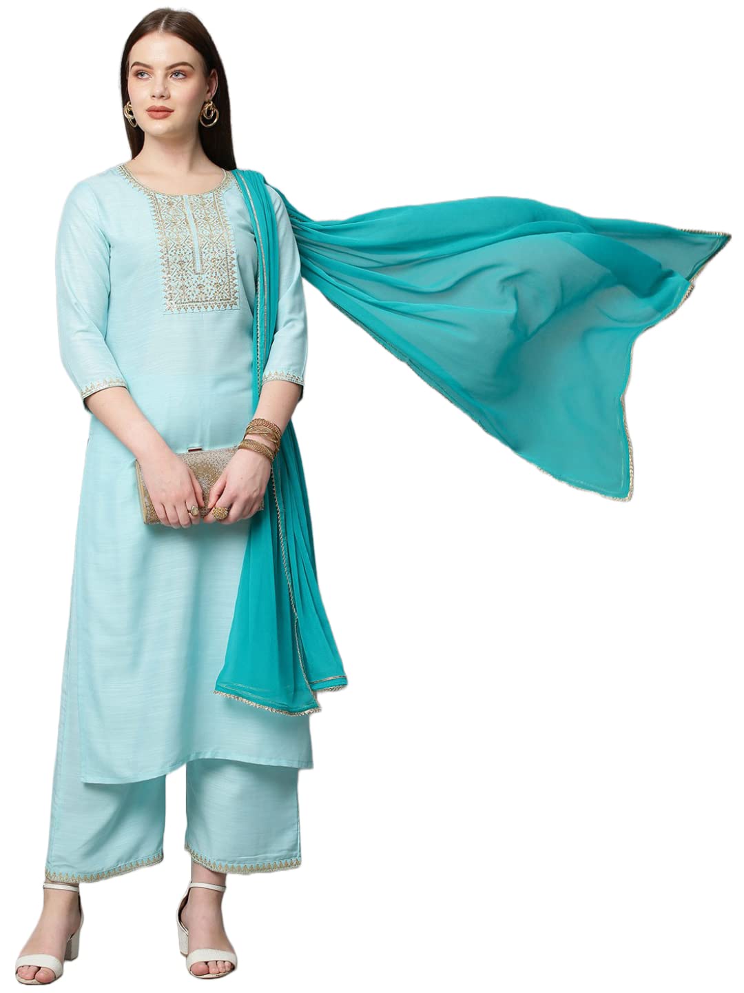 Anni Designer Women'S Cotton Blend Solid Straight Kurta With Palazzos & With Dupatta (Dakum Sky Blue_Xxl_Sky Blue_Xx-Large),Sky Blue,2XL