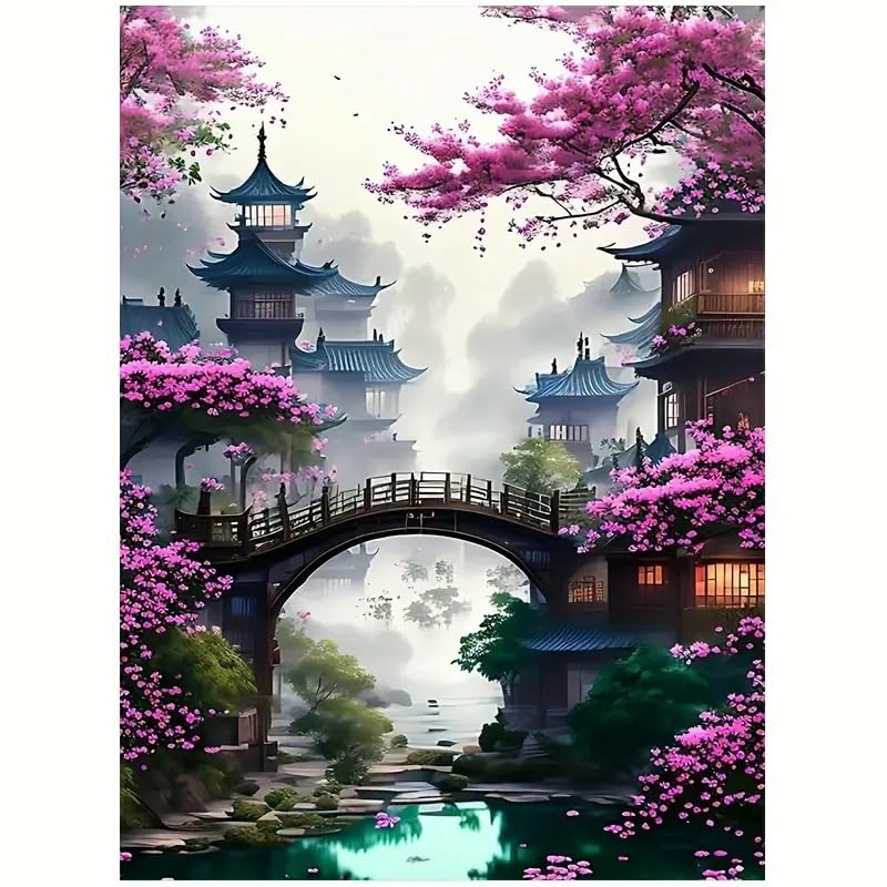 MOMDEDP 5D Bridge Flower Diamond Art Painting Kits for Adults Diamond Art Sakura Landscape Diamond Painting Full Drill Crystal R