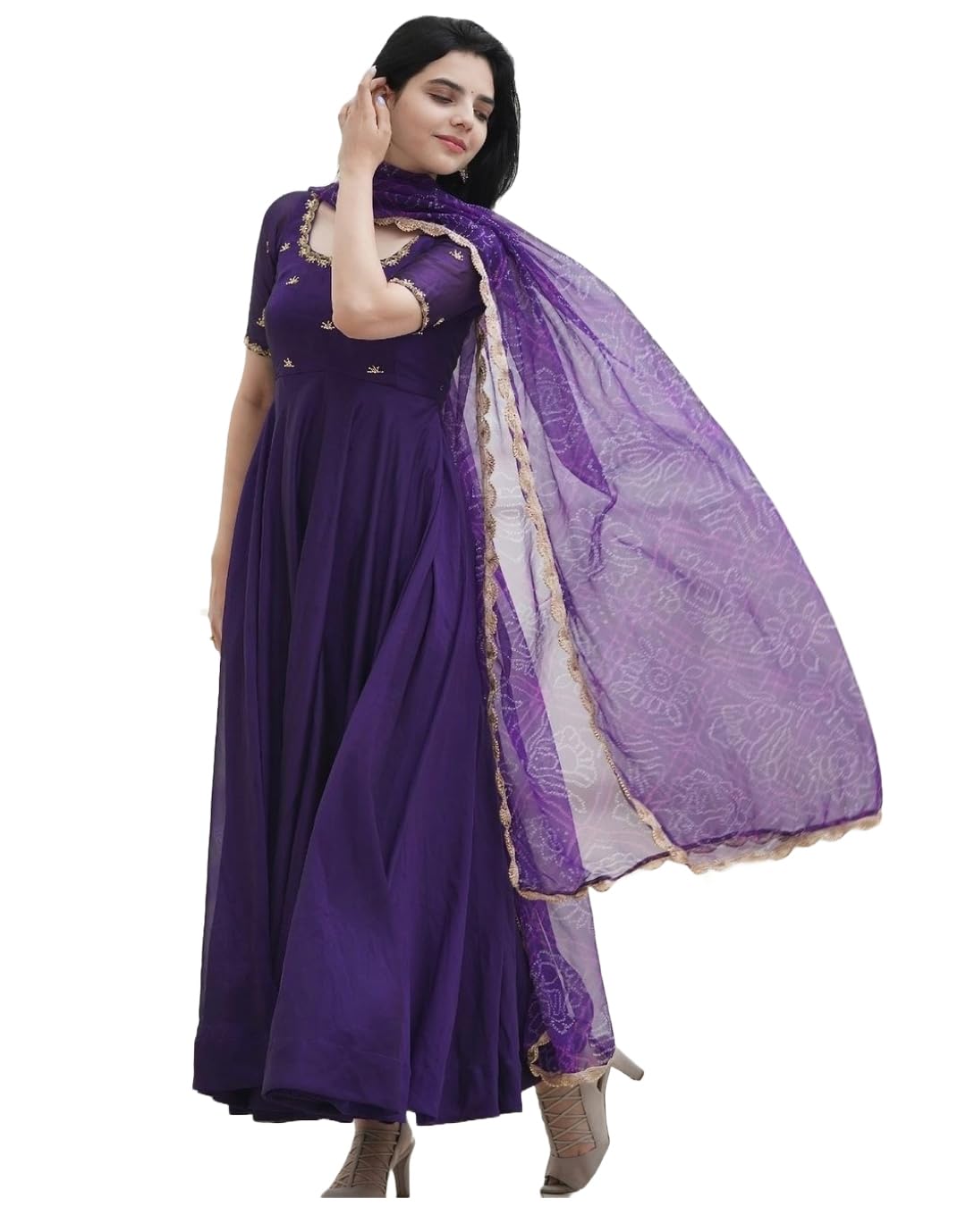 Anni Designer Women'S Rayon Blend Anarkali Embroidered Kurta With Pant & Dupatta (Gumsum Begani_M_Begani_Medium),Begani,M