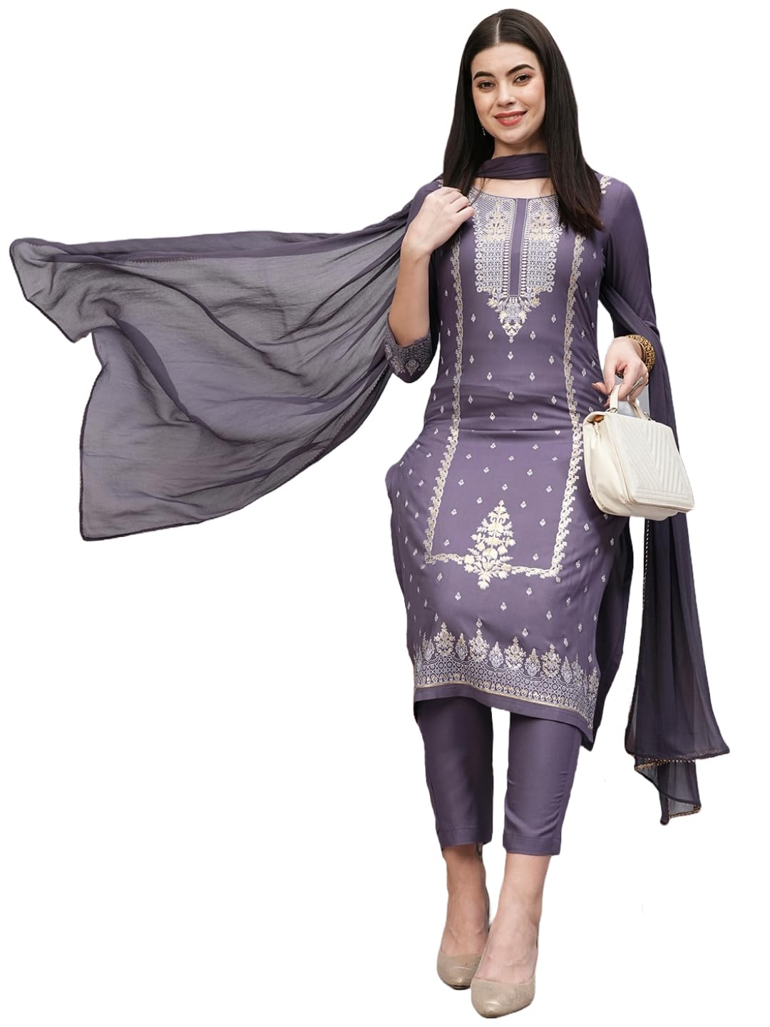 Anni Designer Women'S Cotton Blend Straight Printed Kurta With Pant & Dupatta (Rowan Purple_Xl_Purple_X-Large),Purple,XL