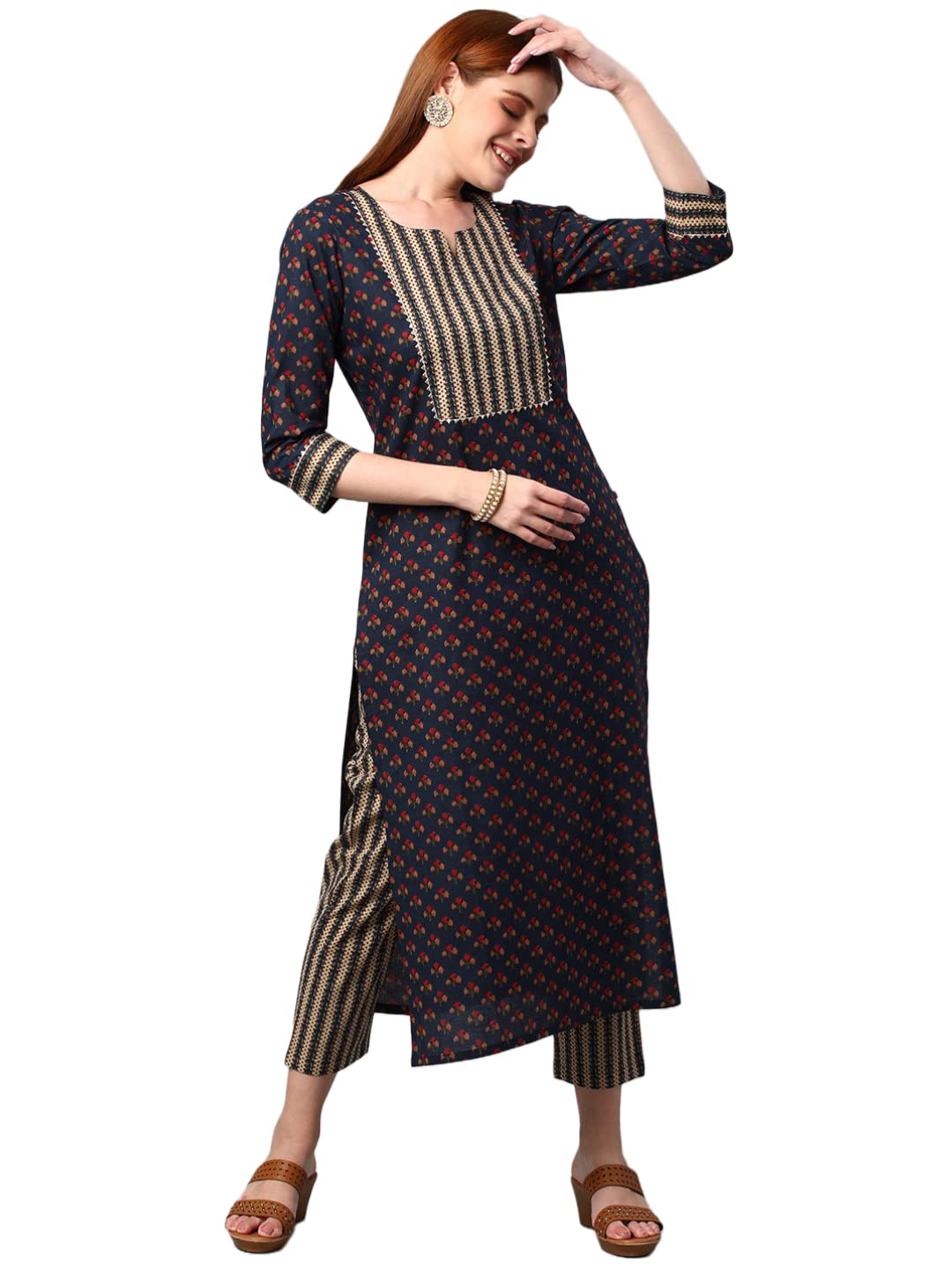 Anni Designer Women'S Cotton Blend Printed Straight Kurta With Pant (Satku Blue_L_Blue_Large),Blue,L