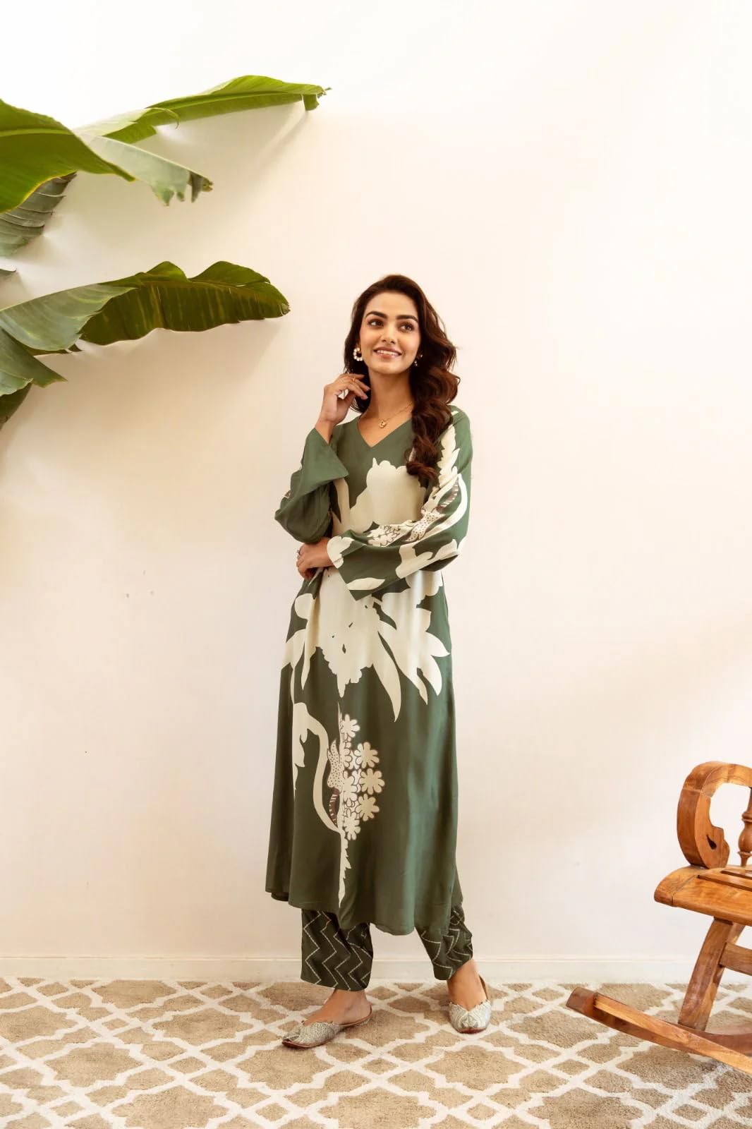 Anni Designer Women'S Rayon Viscose Straight Printed Kurta With Palazzo (Cukari Green-Vks03_M_Green_Medium),Green,M,Rayon,Regular,