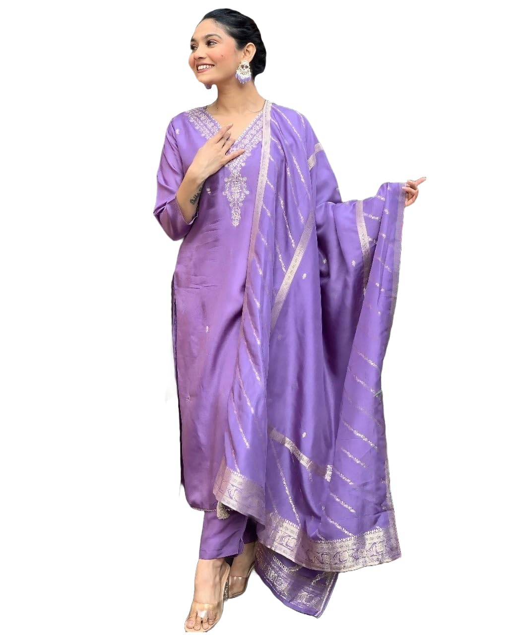 Anni Designer Women'S Rayon Viscose Embroidered Straight Kurta With Pant & Dupatta (Paritosh Purple_L_Purple_Large),Purple,L,,,