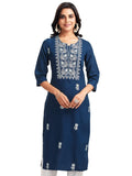 Sanisa Womens Chikankari Embroidered Cotton Blend Straight Kurti, Rama Blue, Medium