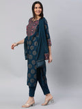 Anni Designer Women'S Cotton Blend Printed Straight Kurta With Pant & Dupatta (Nov-Rama_3Xl_Rama_Xxx-Large),Rama Blue,3XL,Cotton Blend,Regular,Dupatta