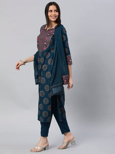 Gosriki Women'S Cotton Blend Printed Straight Kurta With Pant & Dupatta (Nov-Rama-Nw-Gs_M_Rama_Medium),Blue,,B0BY5DZHHJ