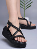 Shoetopia Womens & Girls Black Wedges Sandal Solid Criss-Cross Strap Design Stylish Comfortable Durable Heels Perfect For Casual Party Eu41,Black,8,B0DFVFWC24