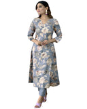Anni Designer Women'S Cotton Blend Straight Printed Kurta With Pant (Dhun Grey_L_Grey_Large),Grey,L