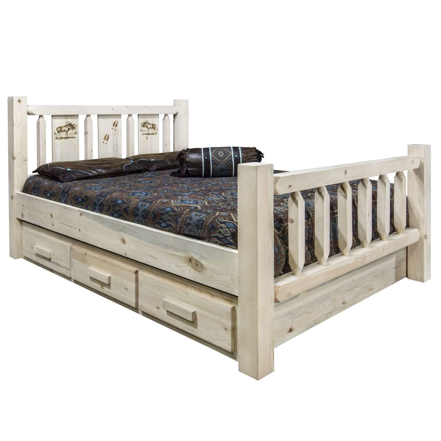 Montana Woodworks Moose Design Storage Laser Engraved Bed In Clear Lacquer Finish (Full: 87 In. L X 60 In. W X 47 In. H (320 Lbs