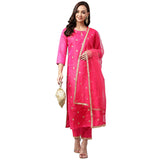 Anni Designer Women'S Cotton Blend Straight Embroidered Kurta With Pant & Dupatta (Dipika Rani_S_Pink_Small),Pink,S
