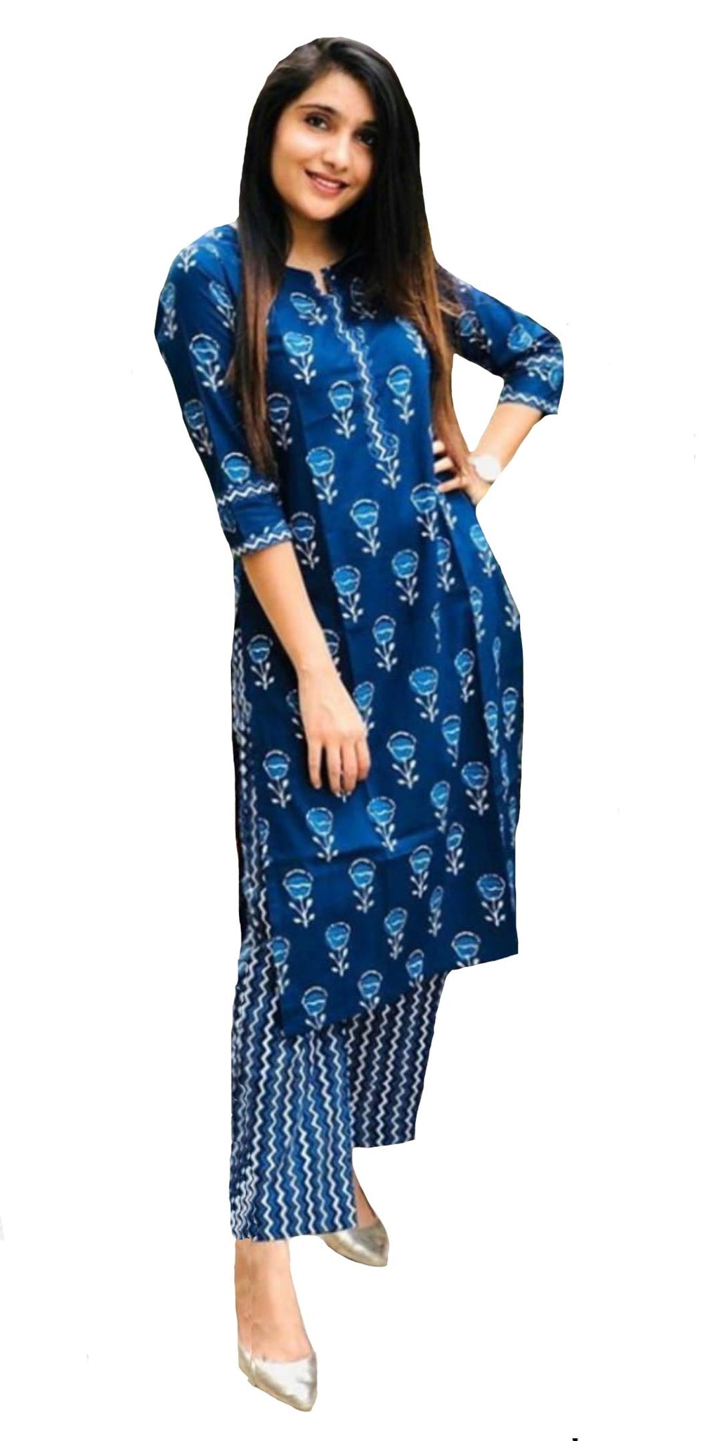 Anni Designer Women'S Pure Cotton Flower Print Kurta Plazzo Set (Blue M),Blue,M