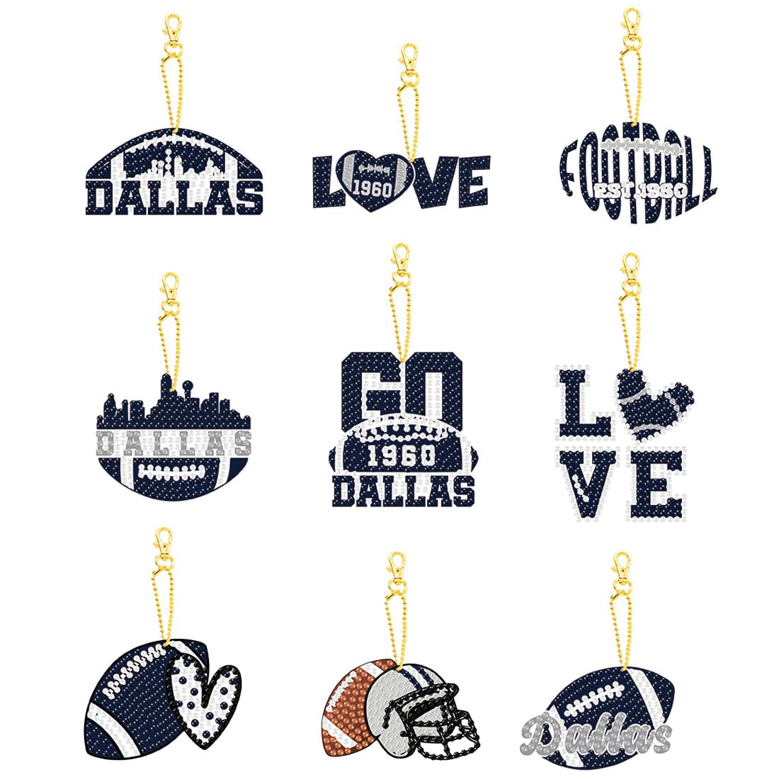 Rertcioph 9 Pcs Football Diamond Painting Kits DIY Double Sided Diamond Art Keychains Hanging Ornament Kits Fans Gift for Dallas