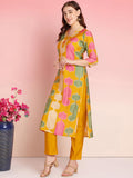 Anni Designer Women'S Rayon Blend Straight Printed Kurta With Pant (Surdas Yellow_L_Yellow_Large),Yellow,L,Rayon Blend,Classic,