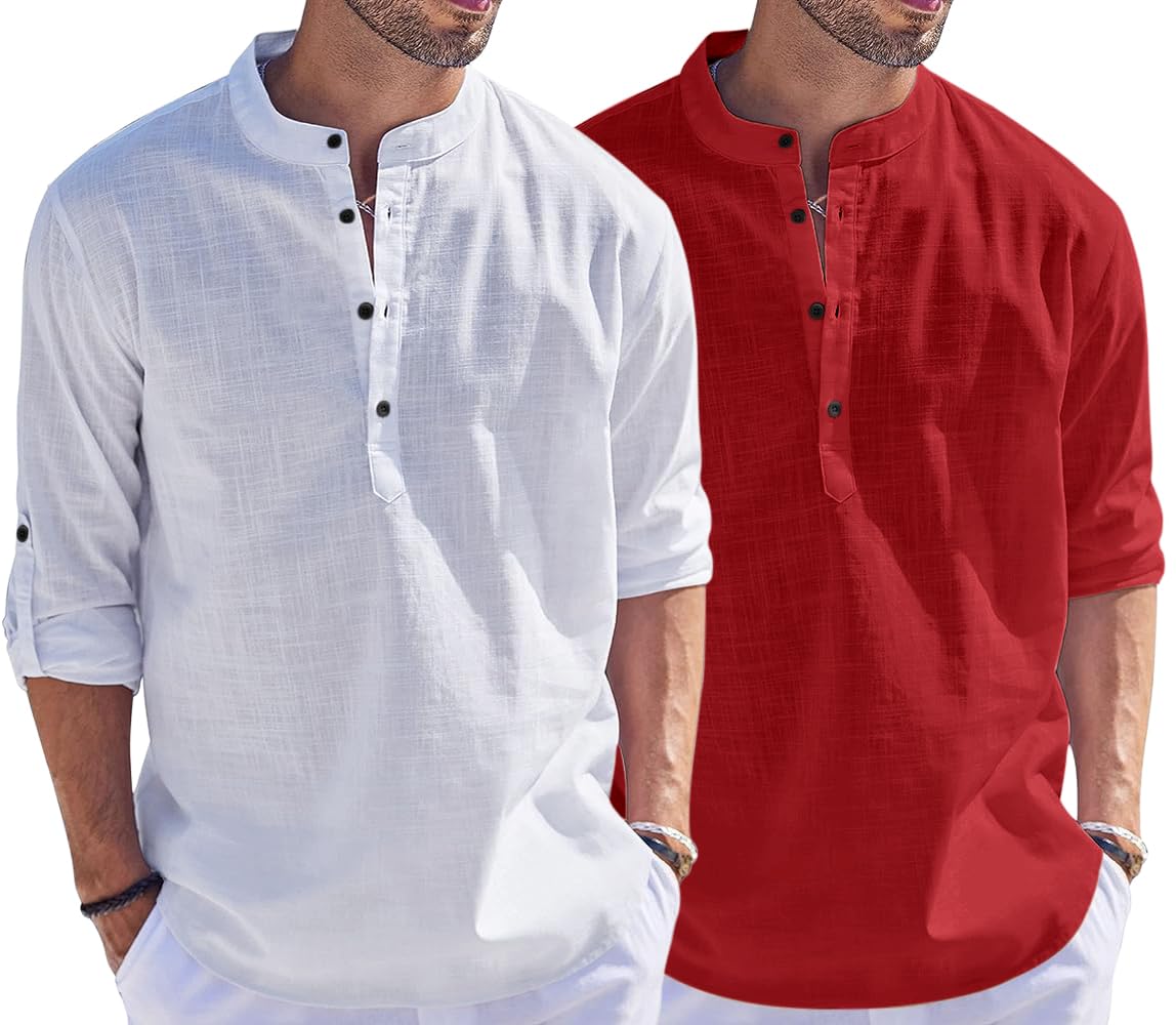 Bellstone Men'S Cotton Blend Solid Regular Dress Shirt (Kurta1500_Combo_White & Maroon_L