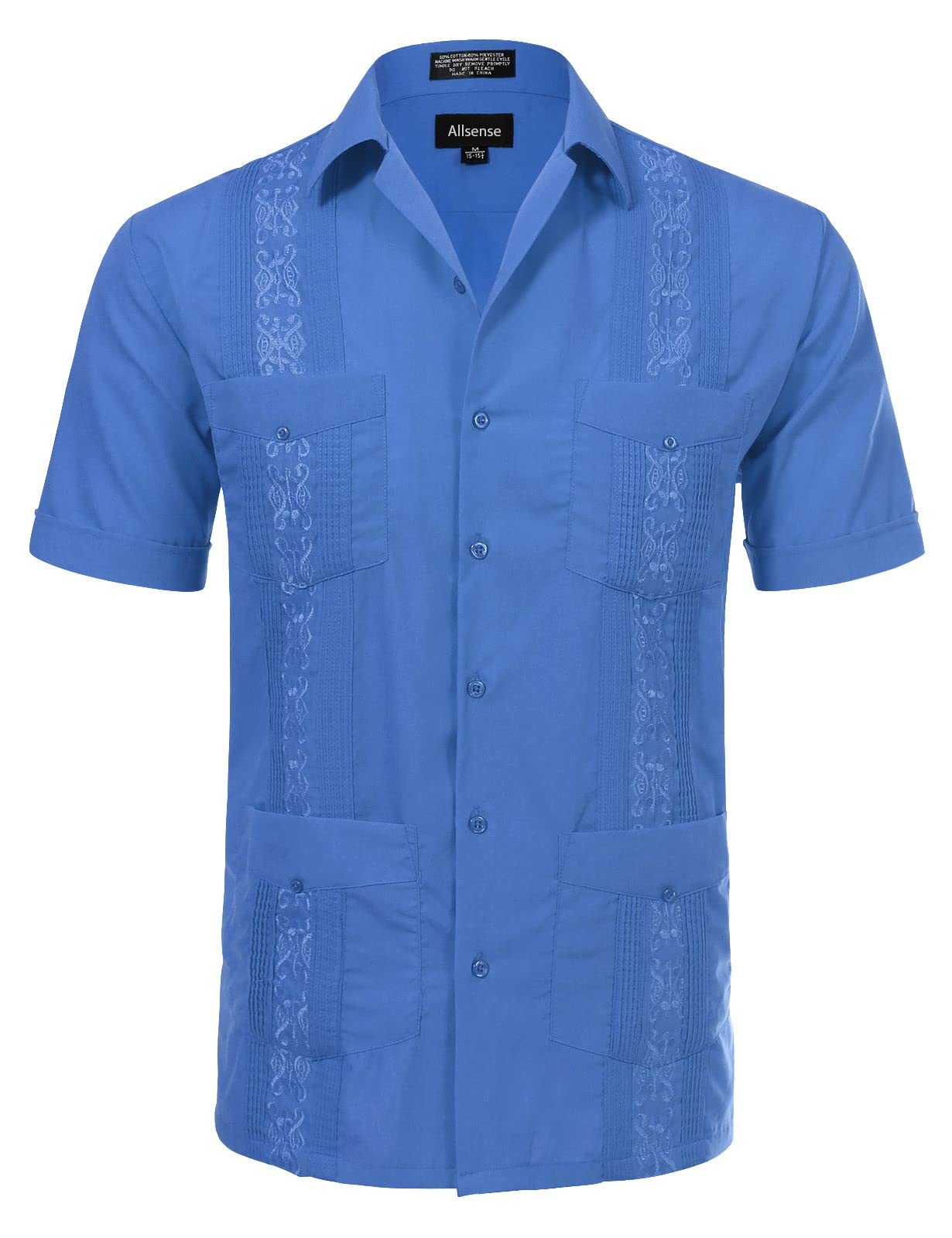Allsense Men's Short Sleeve Cuban Guayabera Shirts 19-19.5N 3XL French Blue
