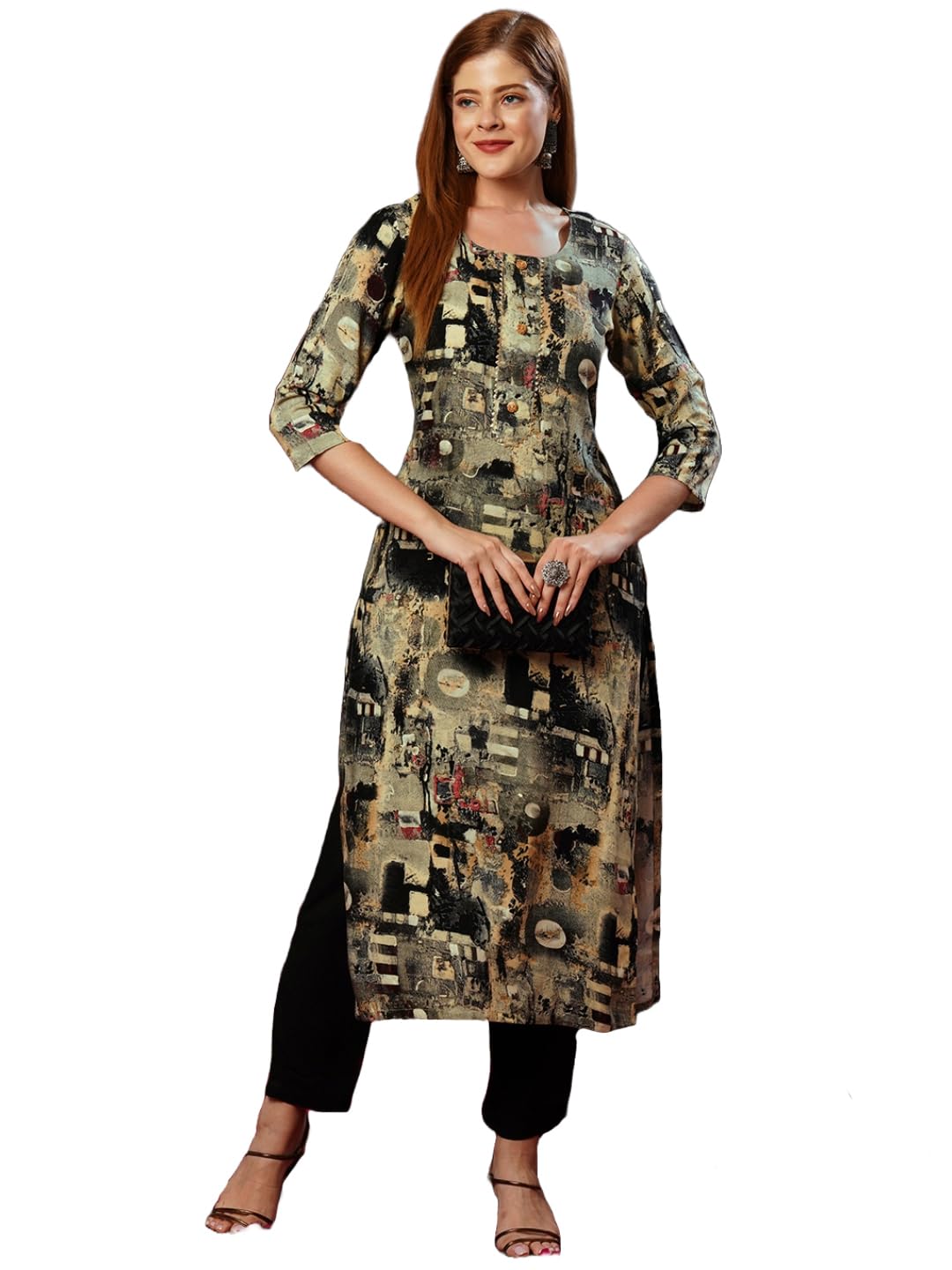 Anni Designer Women'S Cotton Blend Straight Printed Kurta With Pant (Rai Black-Nw_L_Black_Large),Black,L,,,