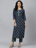 Gosriki Women'S Cotton Blend Printed Straight Kurta With Pant (Toni Bill Blue_New_Xl-Go_Blue_X-Large),Blue,,B0B4FXS95J