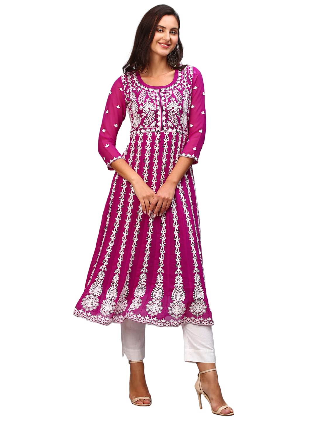 Anni Designer Women'S Georgette Chikankari Embroidered Anarkali Kurti (Naav Pink-Nw1_3Xl_Dark Pink_Xxx-Large),Pink,3XL