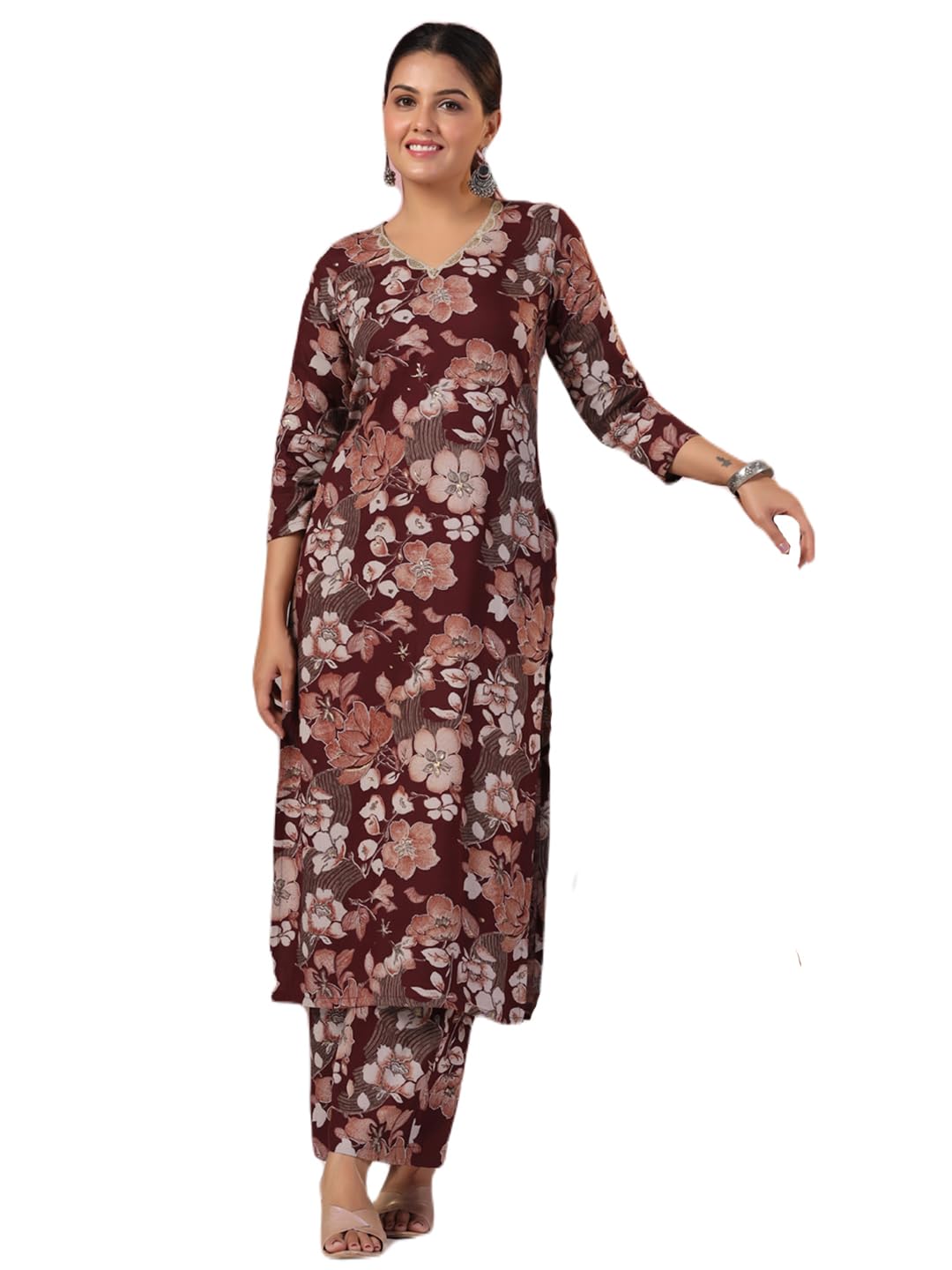 Gosriki Women'S Rayon Blend Straight Printed Kurta With Pant (Waqt Wine-Nw-Gs_M_Wine_Medium),Wine,,B0CYH6VD6Y