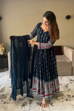 Women Floral Print Anarkali Kurta With Pant And Dupatta (Medium) (Xl Ligth Pink) (M Blue),Blue,M,Georgette,Anarkali,Kurta, Scarf