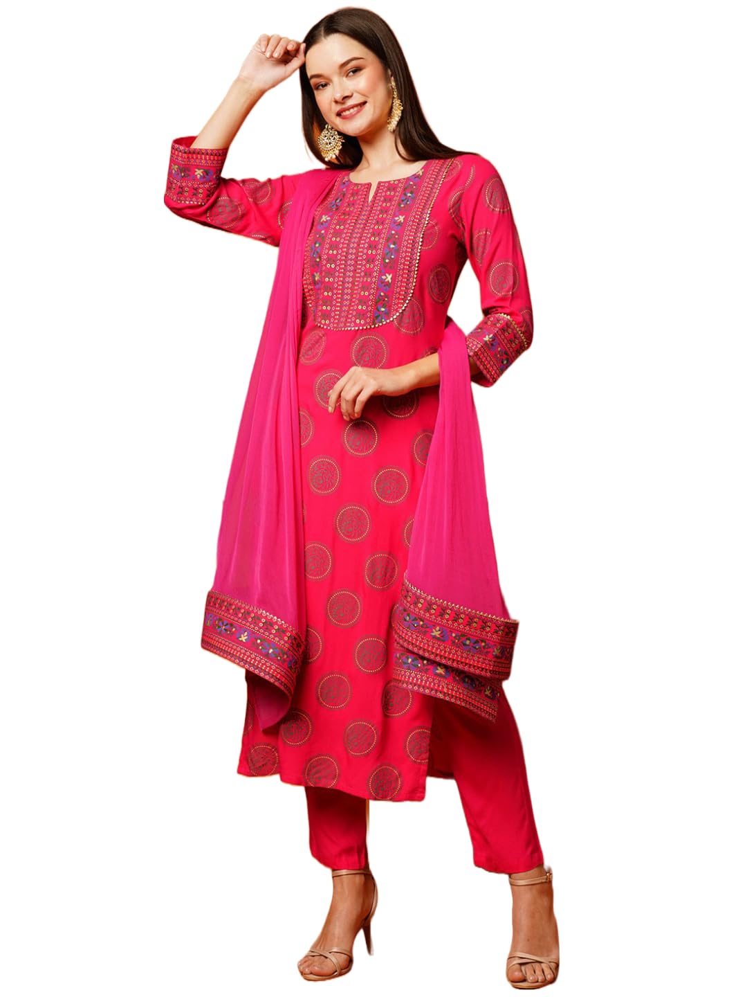 Anni Designer Women'S Cotton Blend Printed Straight Kurta With Pant & Dupatta (Nov-Pink-Nw_Xxl_Pink_Xx-Large),Pink,2XL