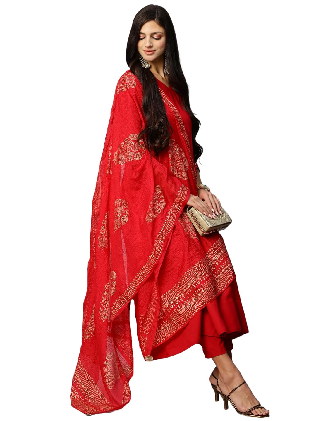 Gosriki Women'S Cotton Blend Solid Anarkali Kurta With Pant & Dupatta (Magic-Red-Nw-Gs_Xl_Red_X-Large),Red,,B0CLH7CM67