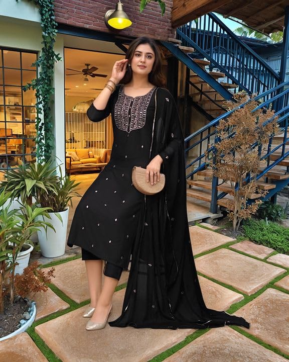 Anni Designer Women'S Rayon Viscose Straight Embroidered Kurta With Pant & Dupatta (Kasturi Black-Vks04_Xxl_Black_Xx-Large),Black,2XL,,,