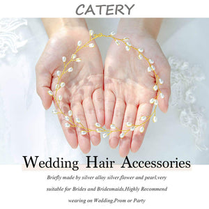 Catery Bride Wedding Headband Pearl Hair Vine Bridal Headpiece Hair Accessories for Women and Girls (Gold)