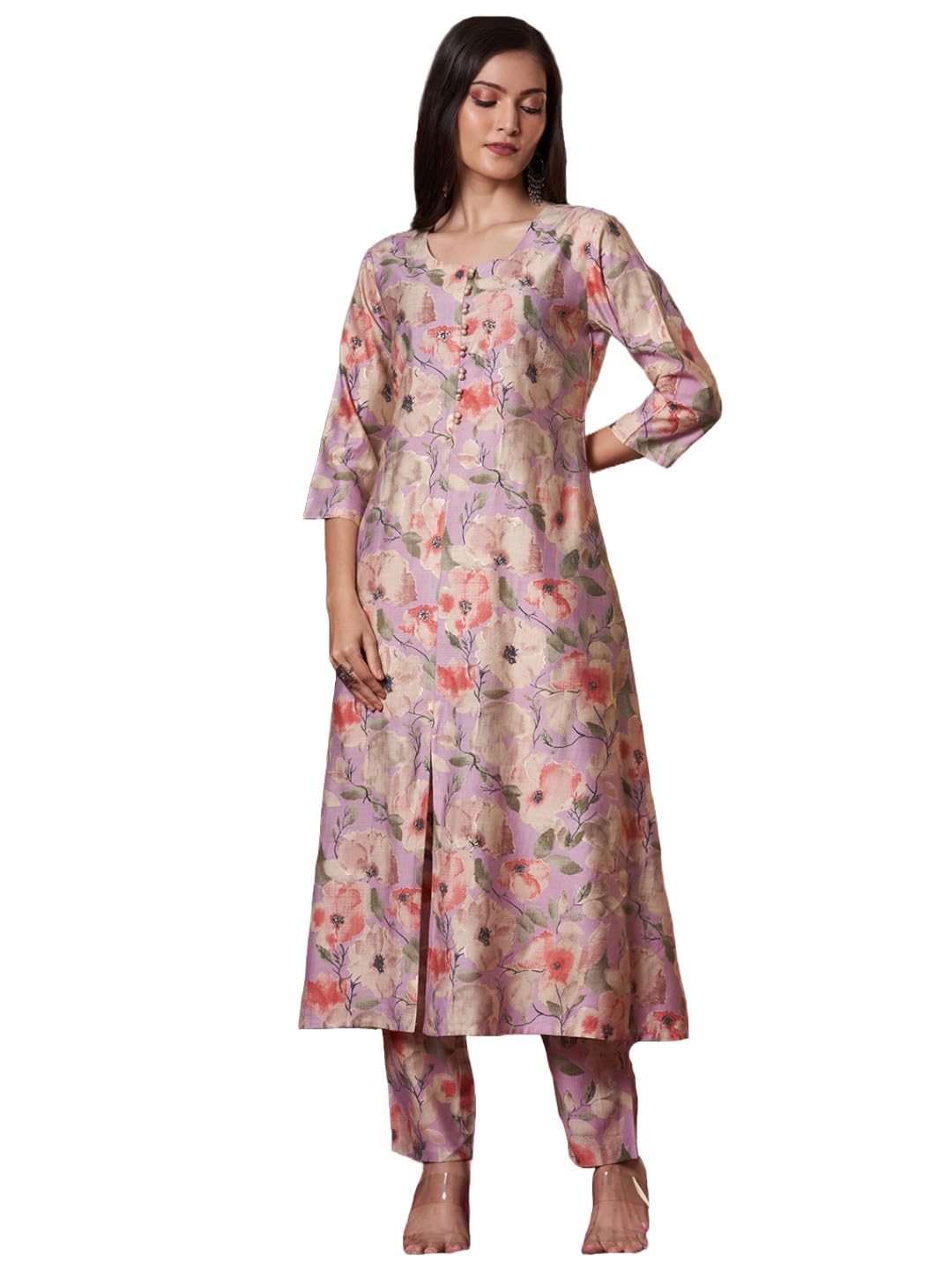 Anni Designer Women'S Rayon Blend Straight Printed Kurta With Pant (Bhaskar Lavender_Xl_Lavender_X-Large),Lavender,XL