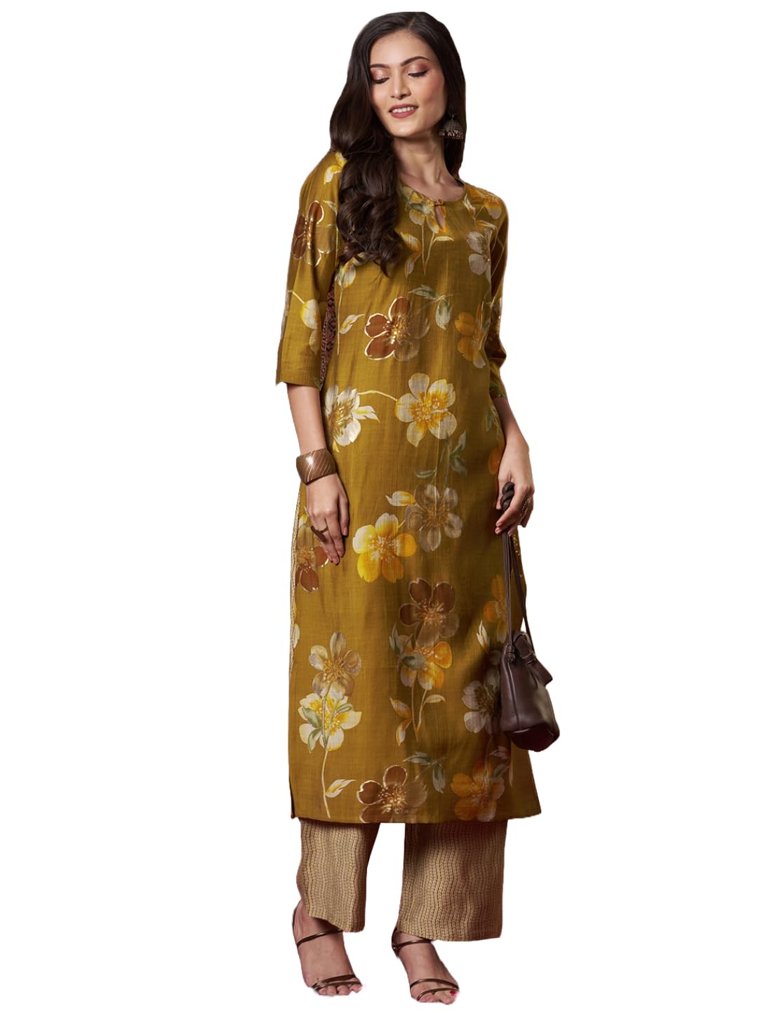 Anni Designer Women'S Rayon Blend Straight Printed Kurta With Pant (Kejri Gold_S_Gold_Small),Gold,S
