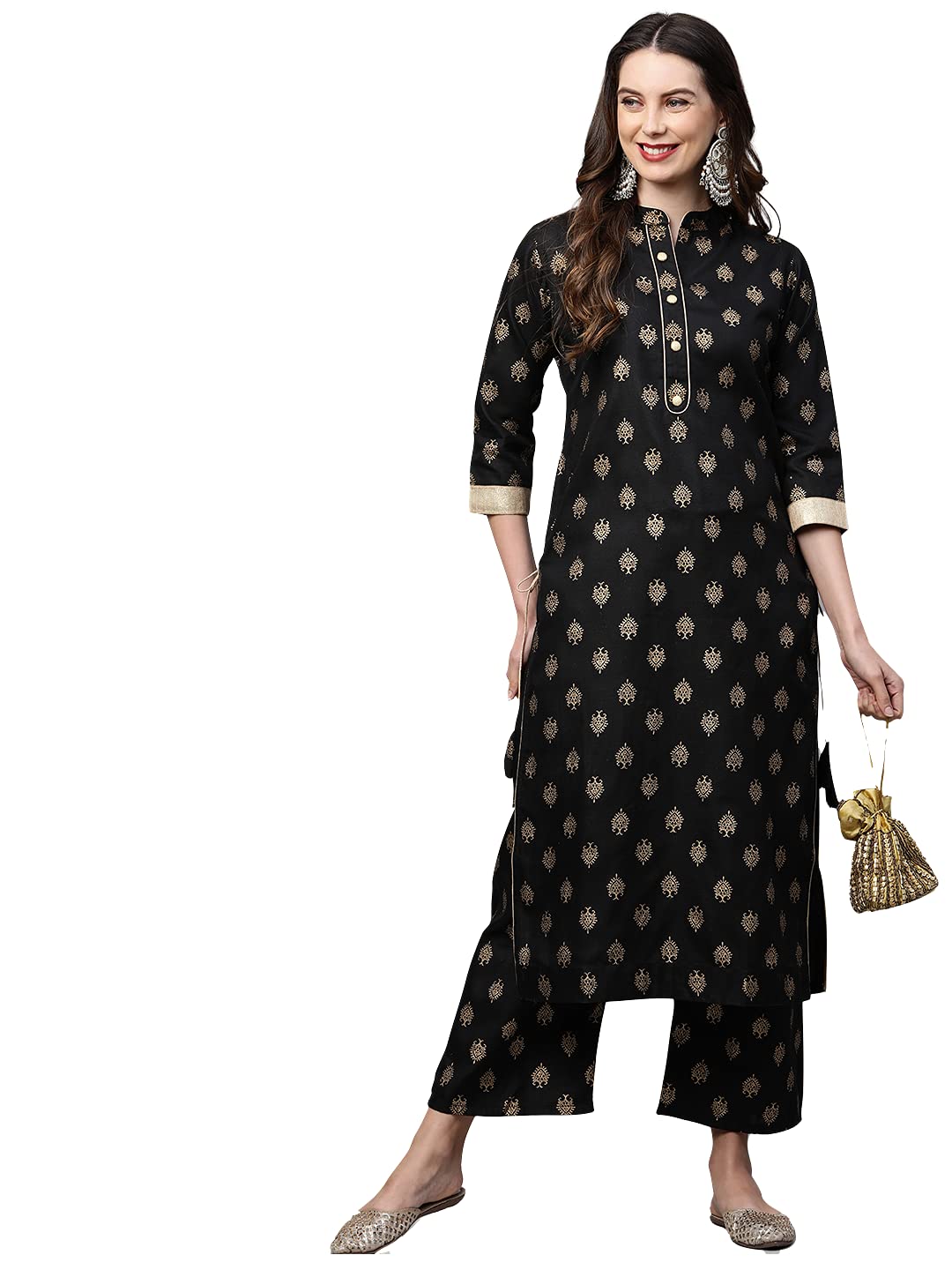Gosriki Women'S Cotton Straight Kurta With Palazzo Set (Parbeen Black_M-Go_Black_Medium),Black,,B09C5NYSC2