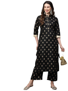 Gosriki Women'S Cotton Straight Kurta With Palazzo Set (Parbeen Black_M-Go_Black_Medium),Black,,B09C5NYSC2
