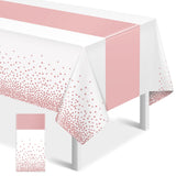 1Pcs White and Rose Gold Tablecloth Party Decorations,Plastic White Table Cloth Printed Rose Gold Table Runner Disposable Rectan