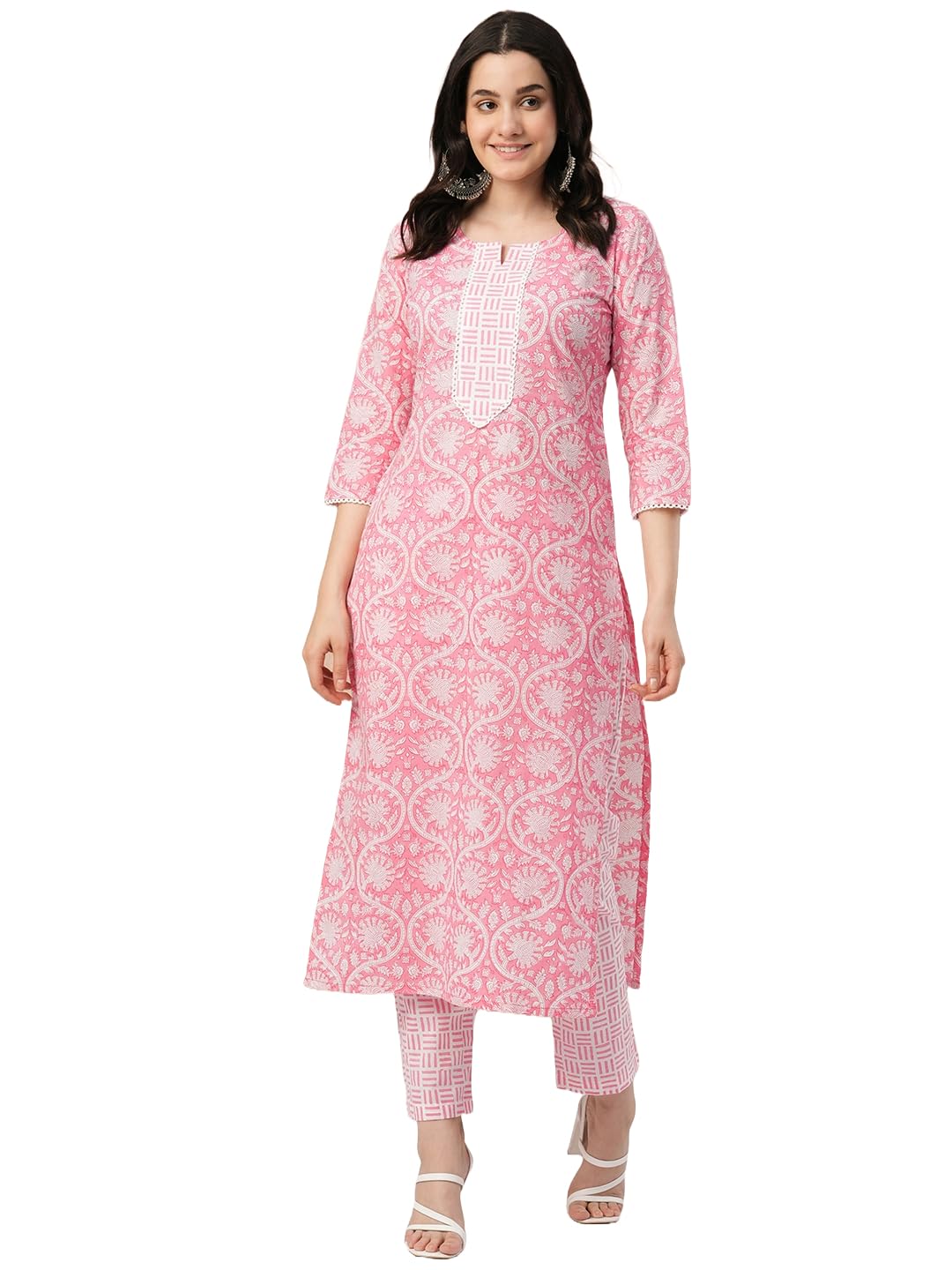Anni Designer Women'S Cotton Blend Straight Printed Kurta With Pant (Od18 Pink_L_Pink_Large),Pink,L
