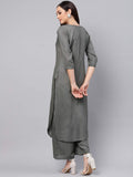 Idalia Grey Rayon Straight Solid Kurta Set For Women 3/4 Sleeve, Round V Neck Designer Kurta Set With Palazzo For Women Grey Xs
