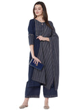 Anni Designer Women'S Cotton Blend Straight Printed Kurta With Pant & Dupatta (Jam001-Dark Blue_S_Dark Blue_Small),Dark Blue,S