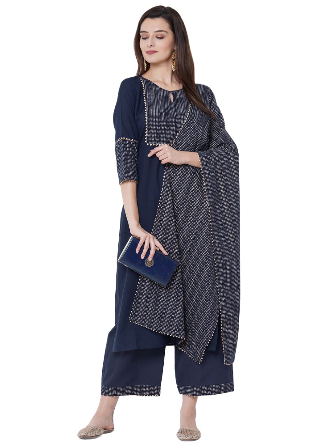 Anni Designer Women'S Cotton Blend Straight Printed Kurta With Pant & Dupatta (Jam001-Dark Blue_M_Dark Blue_Medium),Dark Blue,M