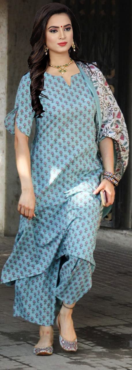 Anni Designer Women'S Cotton Straight Printed Kurta Palazzos And Dupatta (Blue S),Blue,S,Cotton Blend,Straight,Kurti, kurta, Dupatta