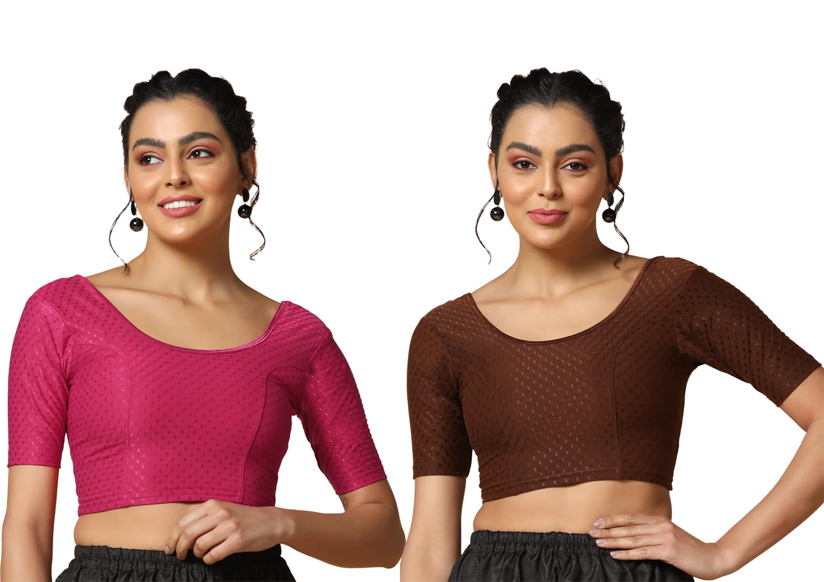 Toplot Cotton Blend Lycra Stretchable Readymade Blouses Pack Of 2 (Combo-5058-Cof-Rnp-28),Coffee-Rani Pink,28,B0CV58NTVK